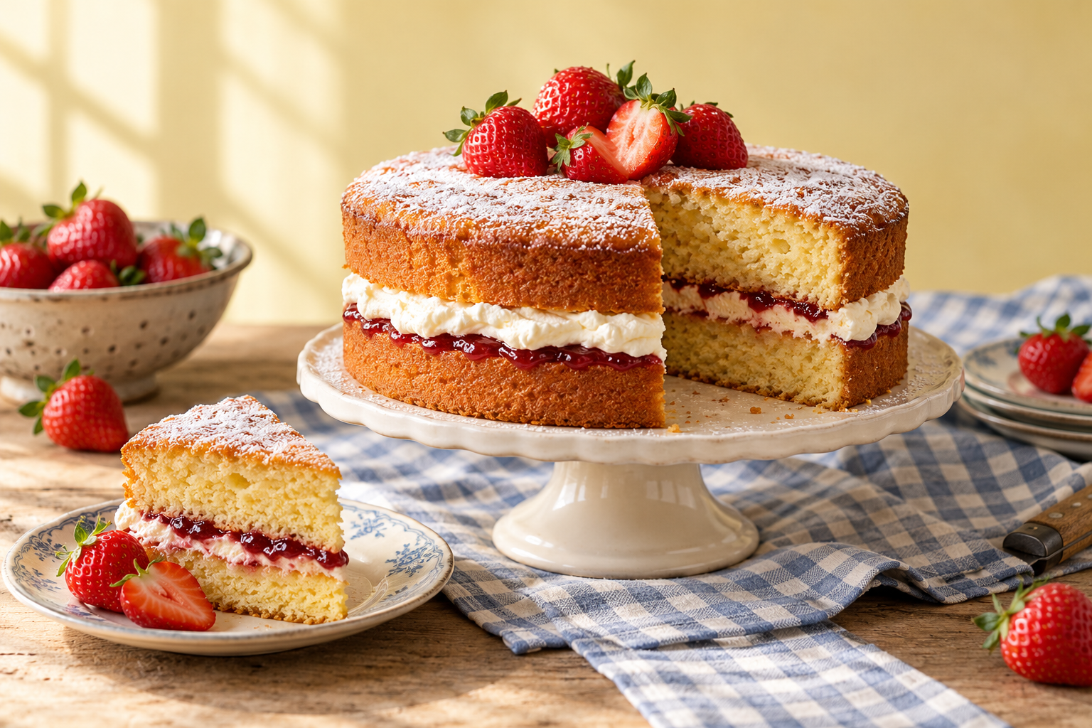 Illustrative strawberry Victoria sponge cake on a ceramic stand