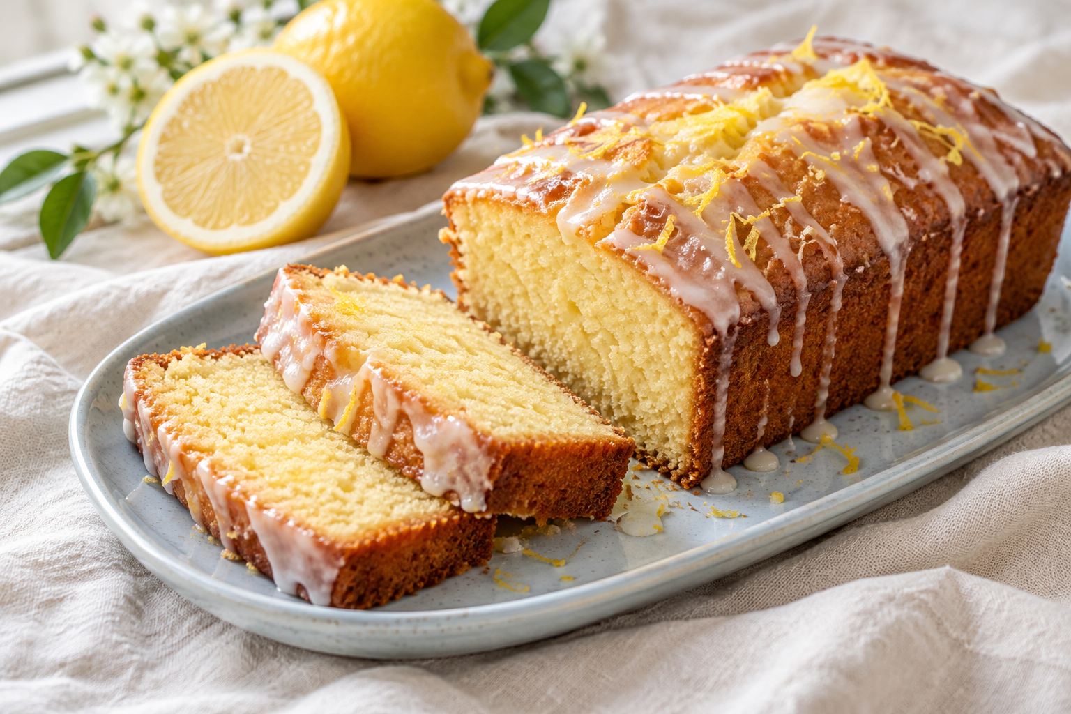 Illustrative sliced lemon drizzle loaf