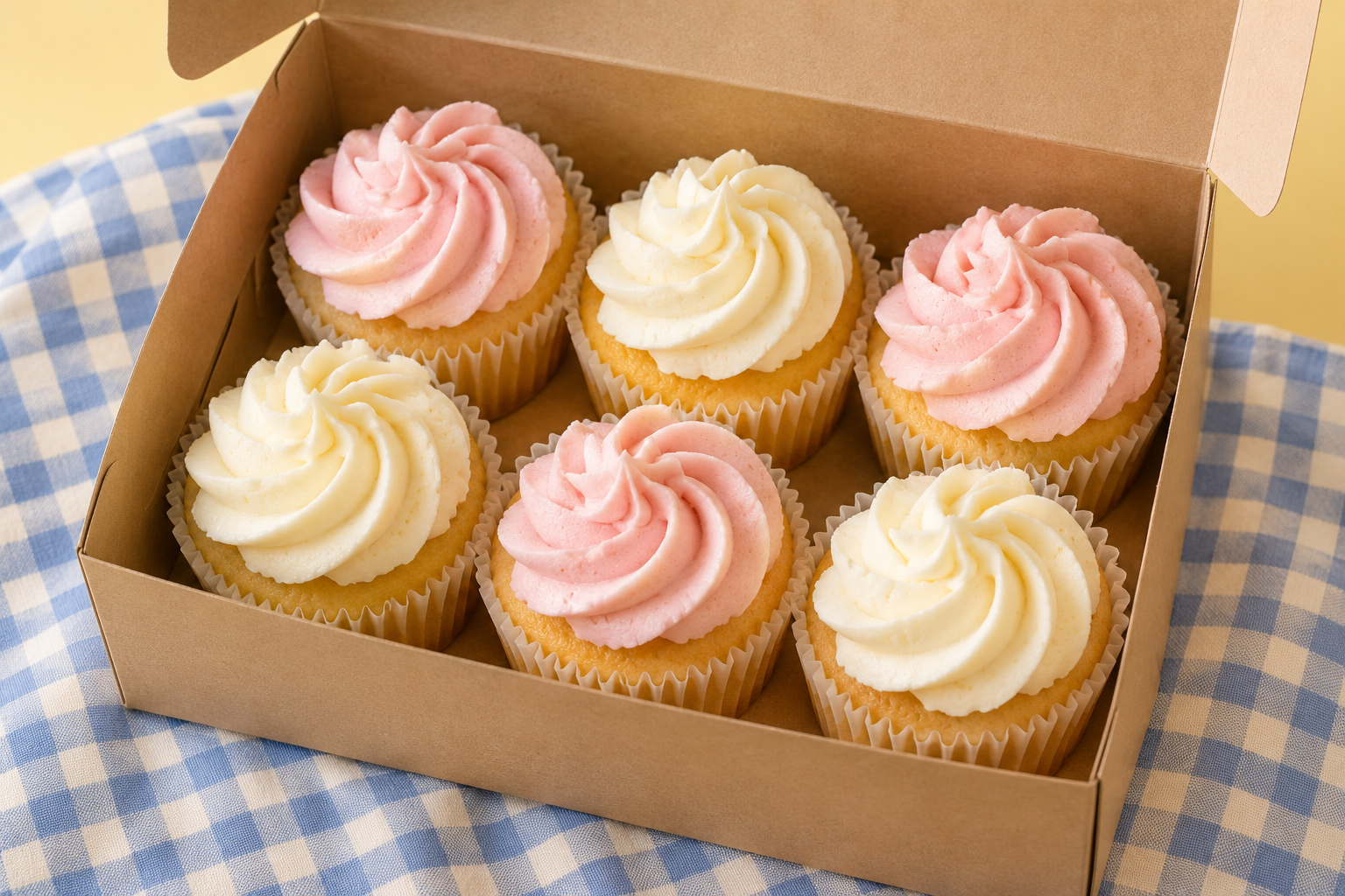 Illustrative box of pink and ivory cupcakes